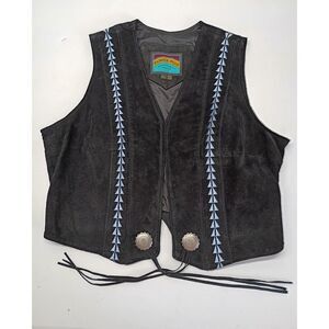 Y2K Pioneer Wear Black Leather Vest Women Sz L Open Native Silver Button Fringe